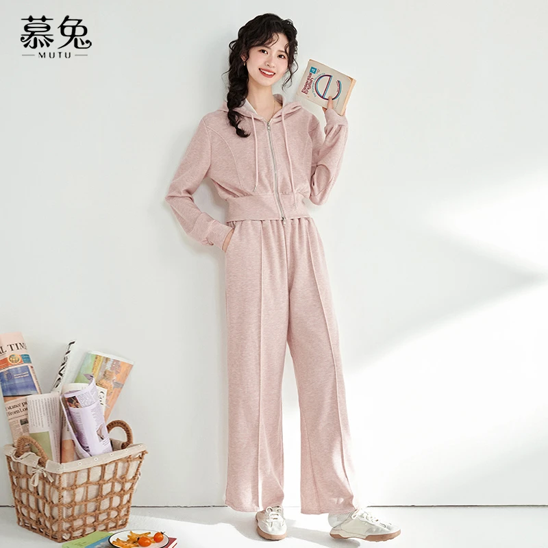 慕兔小个子休闲运动套装女2025春季新款连帽卫衣外套阔腿裤两件套