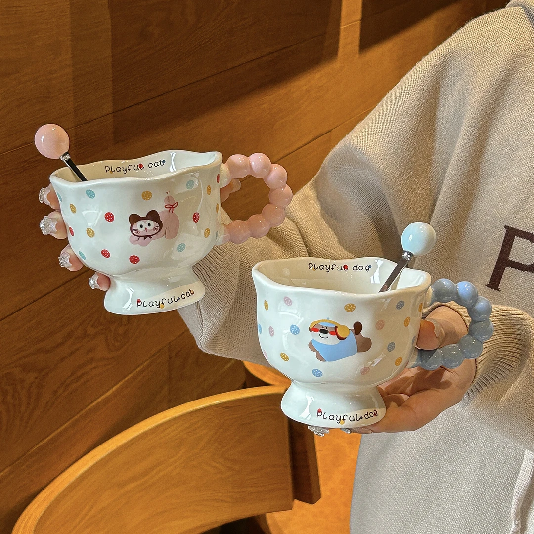 ins风波点小狗马克杯高颜值女生杯子陶瓷情侣水杯可爱儿童早餐杯