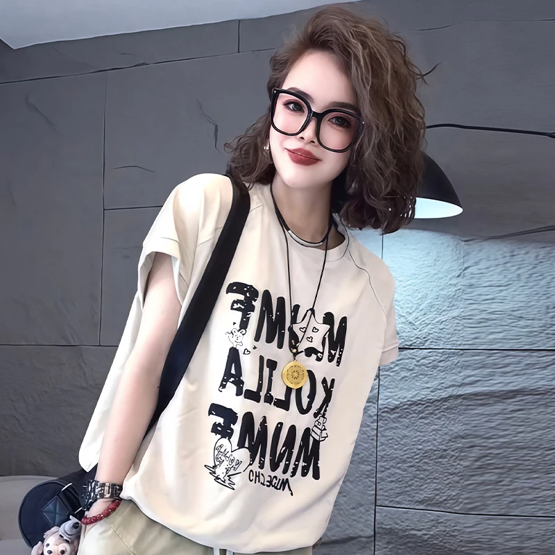 高含棉韩版时尚百搭印花宽松短袖t恤女2025年夏季新款圆领上衣潮