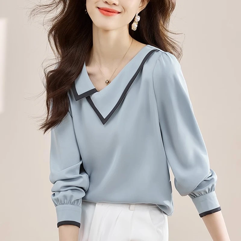 娃娃领长袖女士衬衫春季2025年新款别致雪纺遮肚小衫百搭气质上衣
