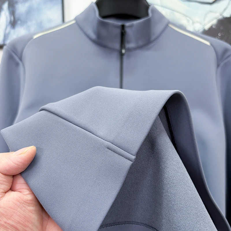 CATIA SELI春秋季高档一体绒男士半拉链长袖T恤加绒加厚立领上衣