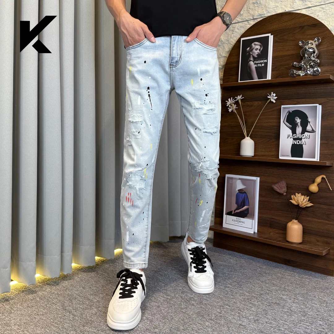 2025秋季新款泼墨补丁设计九分裤韩版潮牌修身弹力小脚牛仔裤男