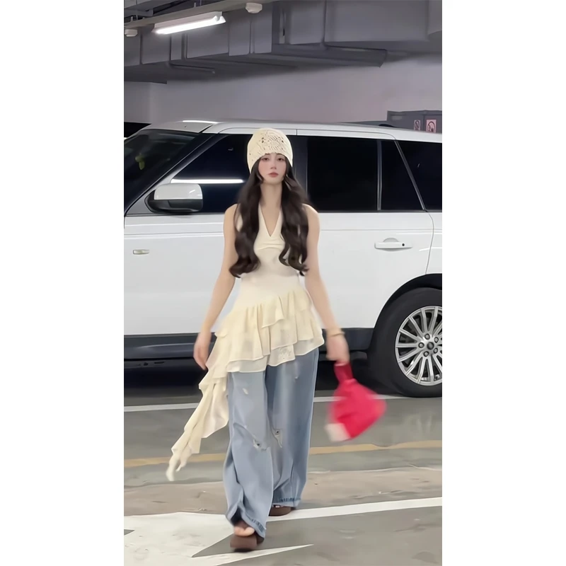 不规则下摆无袖上衣连衣裙短裙子破洞牛仔裤高腰宽松直筒裤阔腿裤