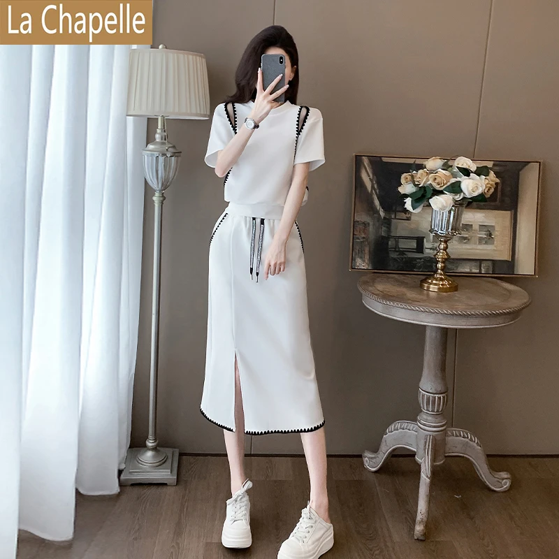 拉夏贝尔夏季女装休闲时尚高腰白色短袖包臀连衣裙法式开叉两件套
