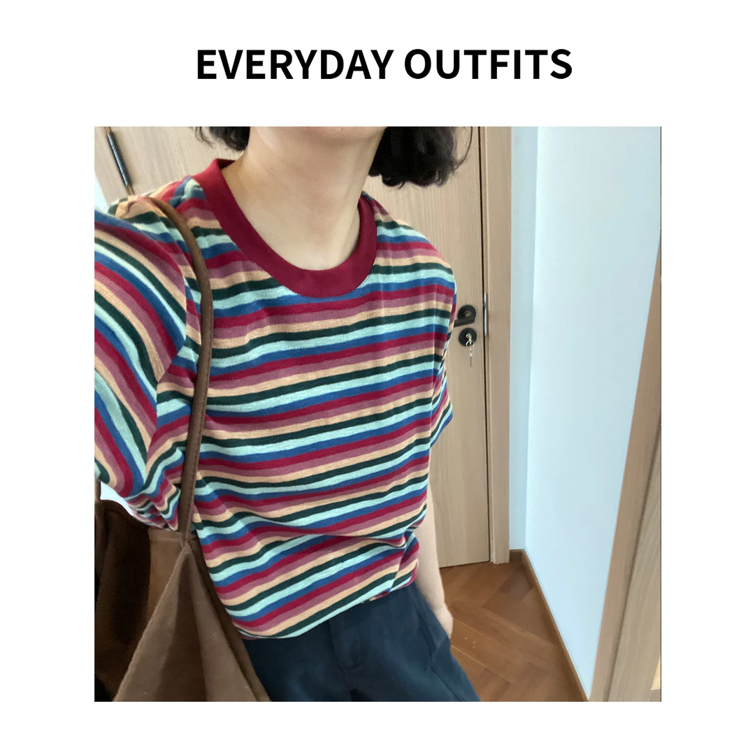 RIDA· 彩虹条纹T恤5D26休闲百搭夏季小众设计感显瘦复古 T25104