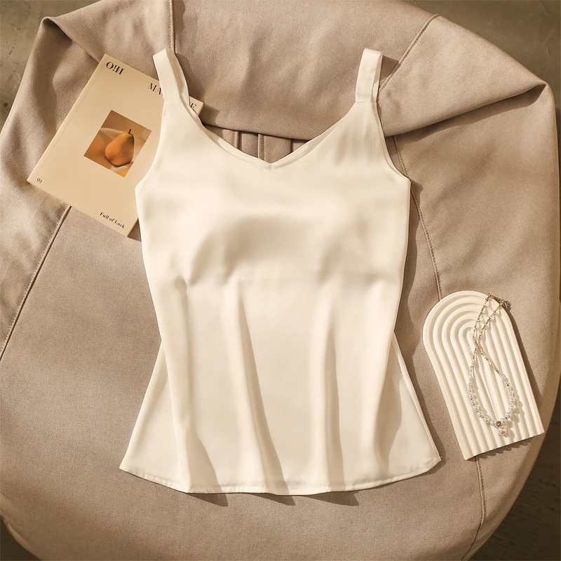 法式性感醋酸缎面V领吊带背心女夏大码宽松修身打底美背无袖上衣