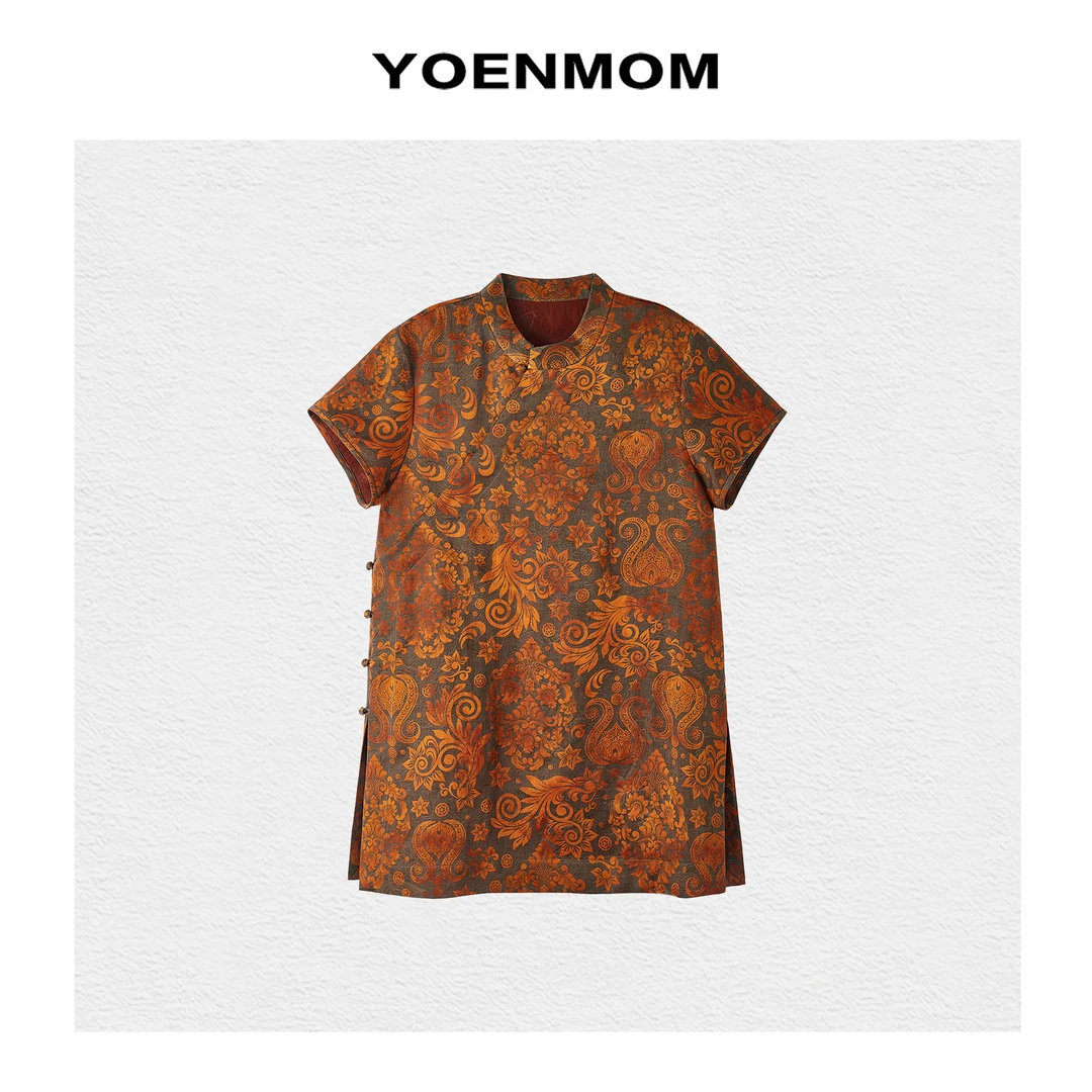 YOENMOM·凤尾花·夏季新品 100桑蚕丝香云纱中长款斜襟老钱调上衣