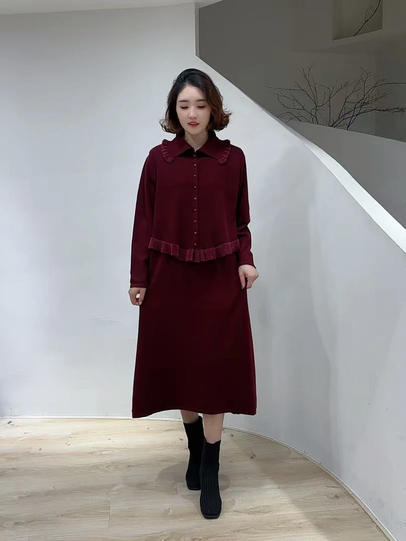 51 酒红色百搭显瘦针织真俩件连衣裙