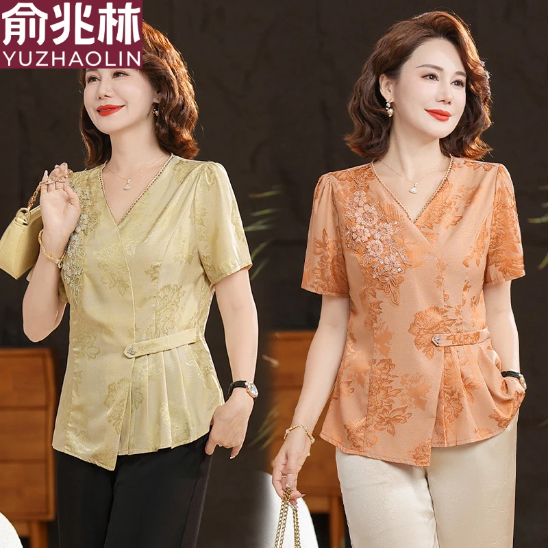 俞兆林妈妈夏装短袖新中式小衫2025新款时尚中老年夏季女装洋气上