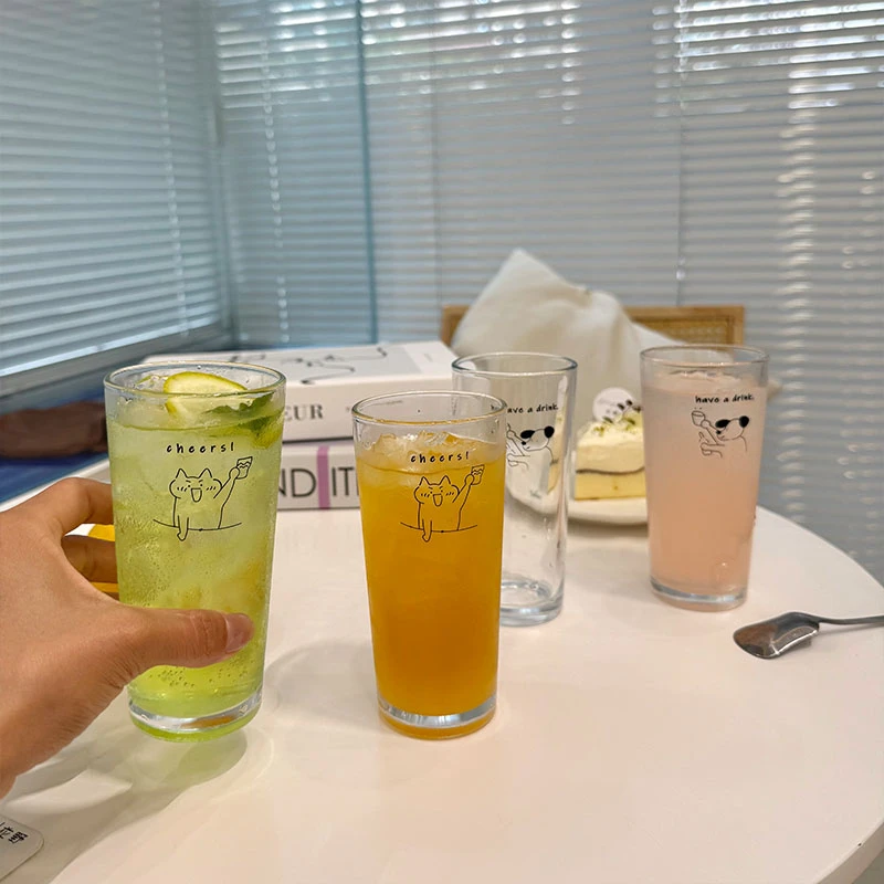 9,9四只装卡通元素手工易清洗宽口款酒杯啤酒杯牛奶茶杯家用简约