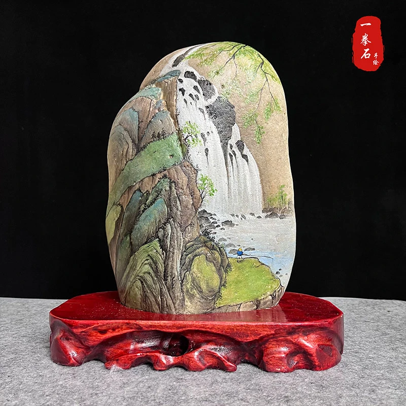 纯手绘石头画【飞瀑幽境】装饰摆件防水不掉色