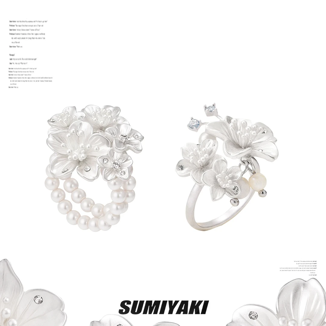 铜合金合成锆石戒指 SUMIYAKI 夜樱系列 樱花多层戒指珍珠指环