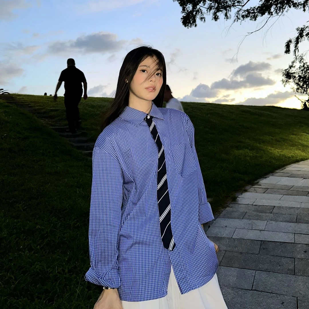 秋季新款黄金搭配领带拼接老钱风宽松休闲百搭格子长袖情侣衬衫