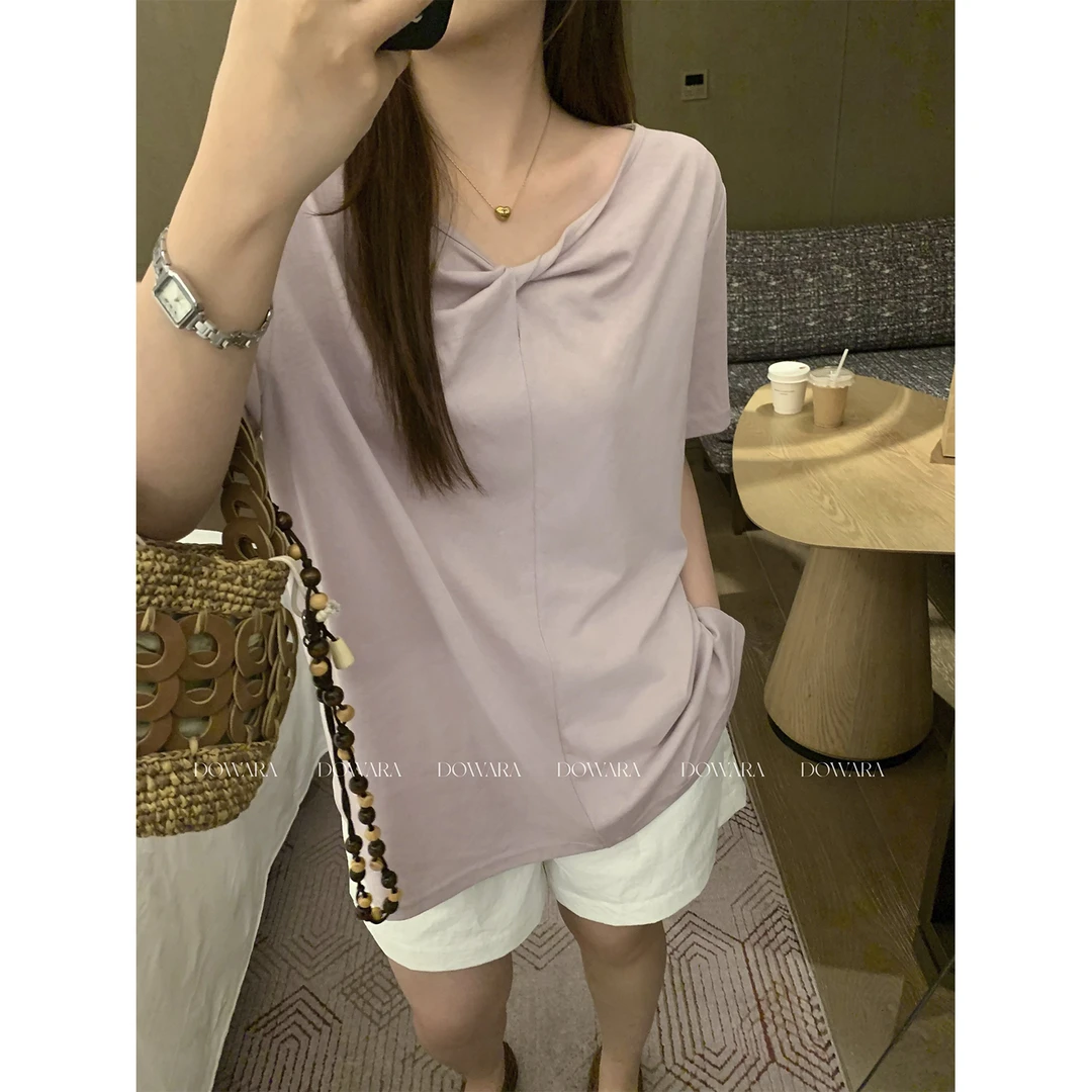 现货大婉酱微胖定制韩系松弛感扭结短袖T恤夏季正肩宽松上衣8841D