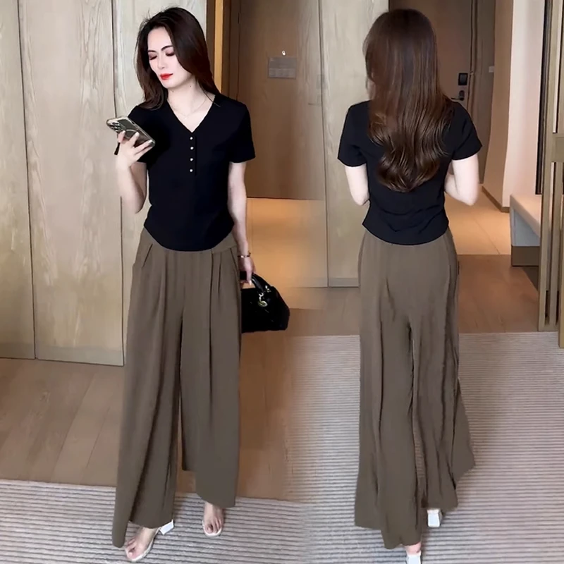拉夏贝尔时尚套装女2025夏季新款V领T恤上衣阔腿裤休闲显瘦两件套