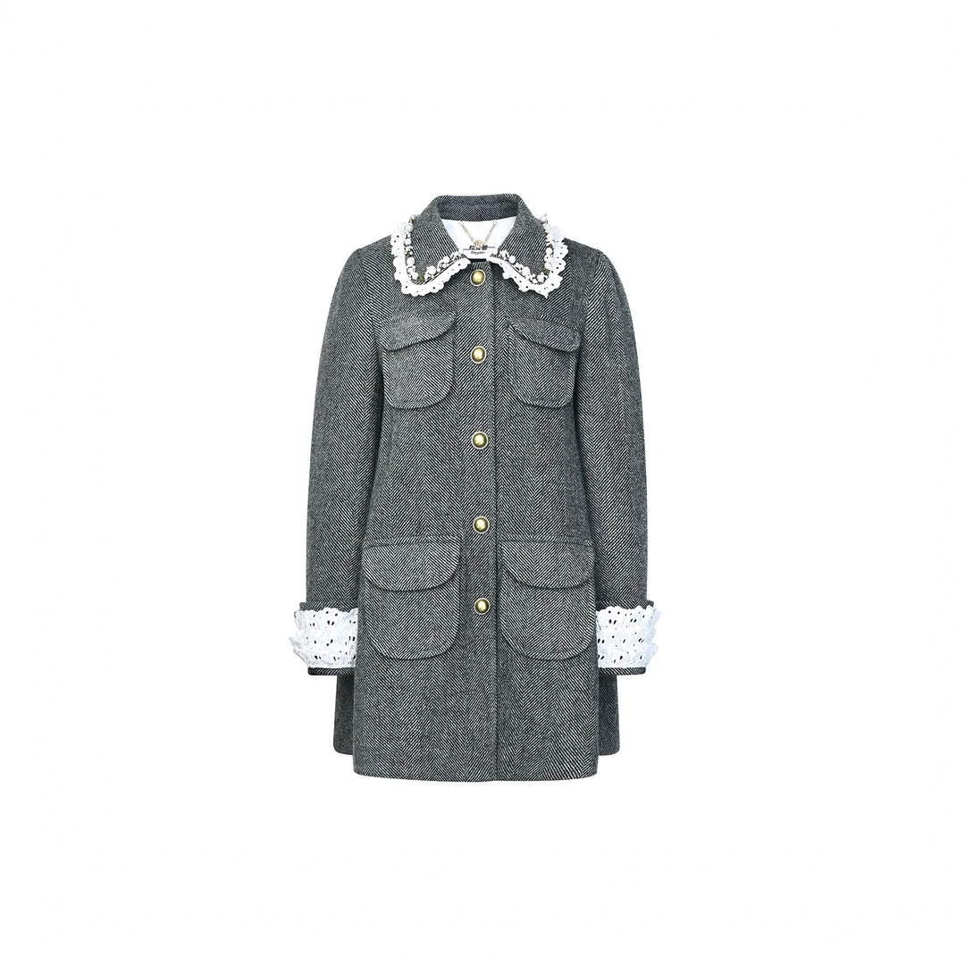 LeFame/拉飞姆2025秋复古洛可可重工钉珠人字呢外套LF25Q02SY204