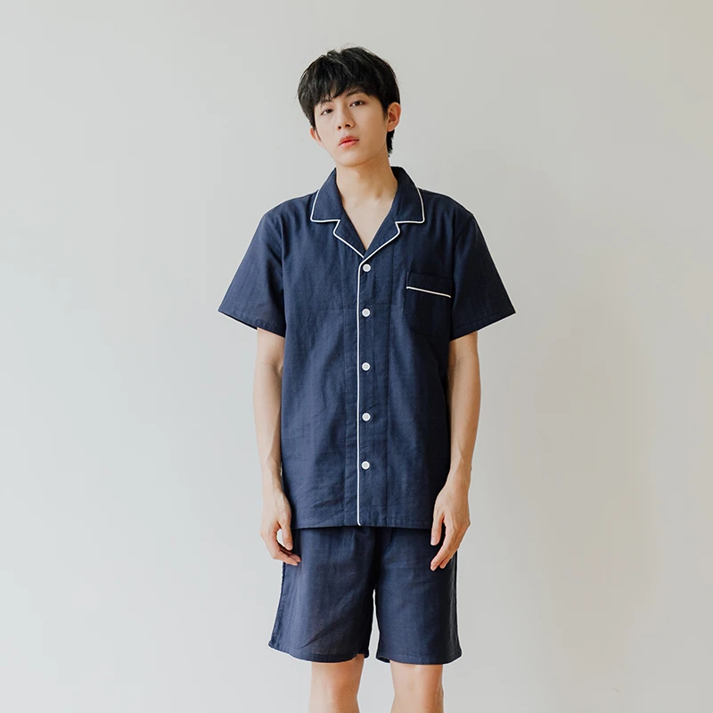 【段姐家居服】全棉棉纱男款短袖短裤睡衣套装休闲简约透气夏天居家