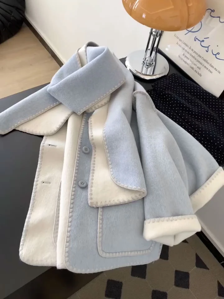 韩系撞色双面中长款毛呢外套女冬季设计感小众编织两面穿蓝色上衣