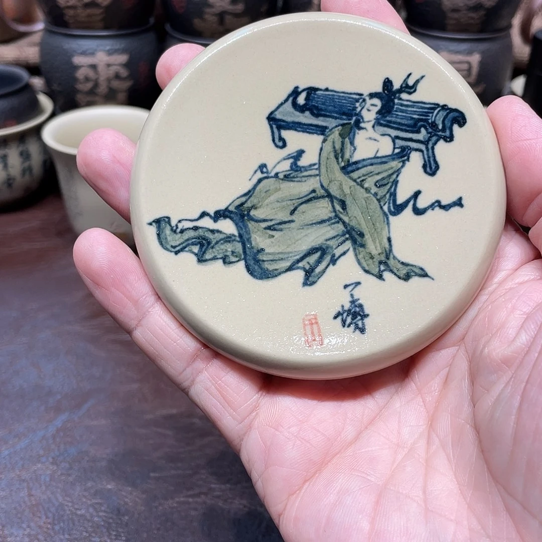 泥塑青花釉盖置8.5厘米直径