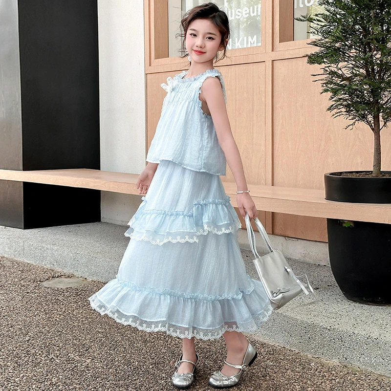 女童夏季两件套装2025新款洋气小女孩韩系无袖上衣时尚裙子套装