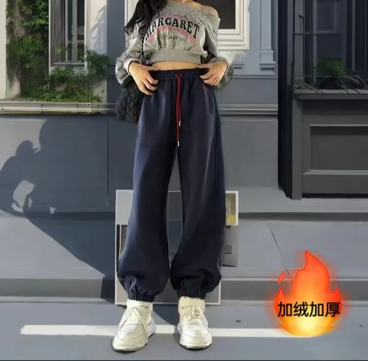 冬季加绒美式高腰显瘦小马刺绣休闲裤百搭运动裤女宽松束脚卫裤子