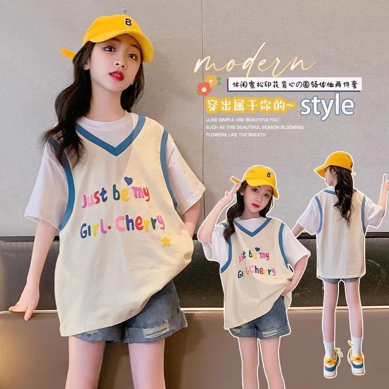 女童夏季短袖儿童假两件T恤棉质洋气宽松半袖女大童夏款运动体恤