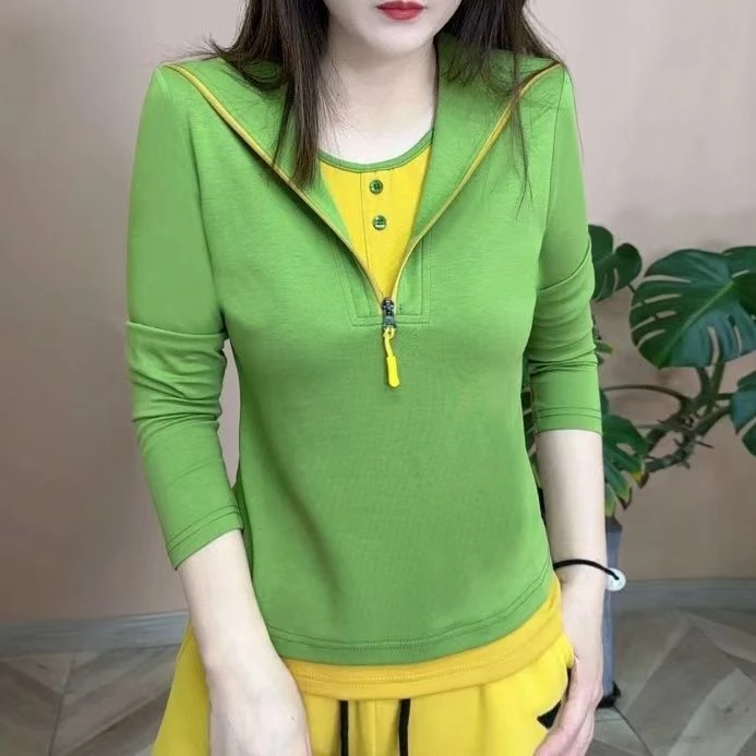 【黄底大领】女士春季新款长袖百搭遮肉显瘦上衣假两件打底衫女卫衣