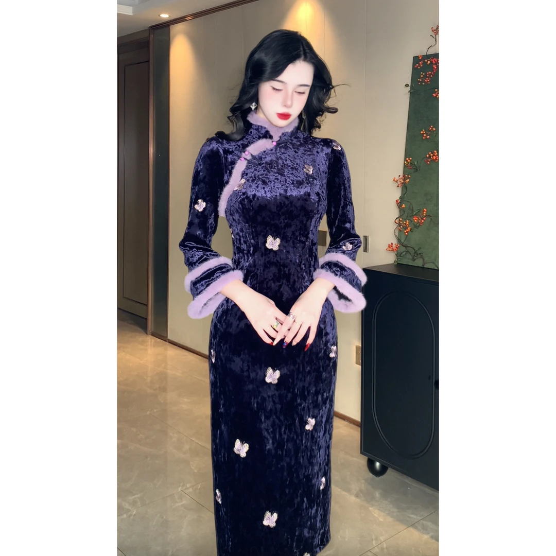 【晨曦】冬季新款加绒国风旗袍日常修身显瘦显白优雅旗袍连衣裙