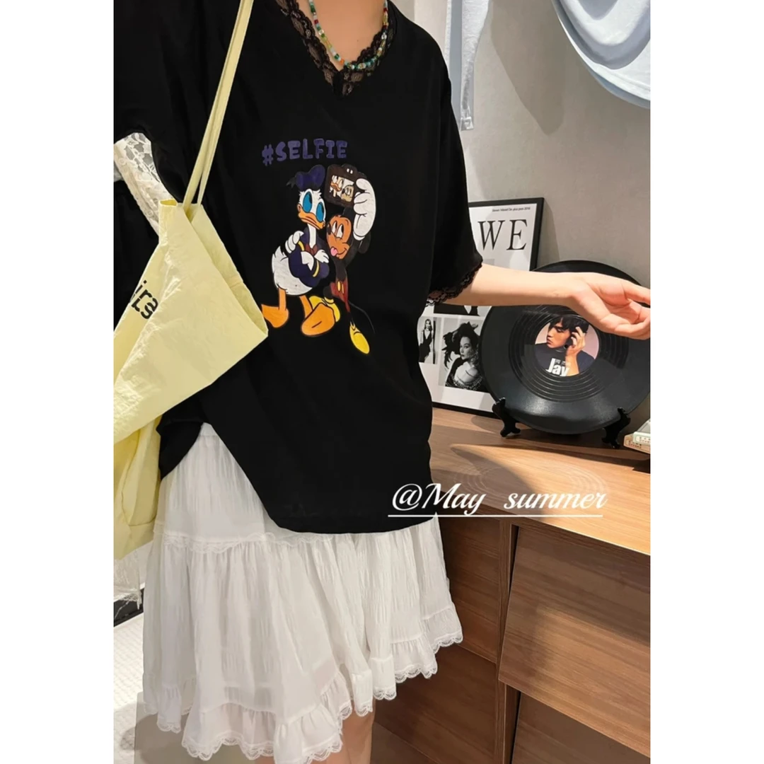 米奇短袖V领宽松型拼接中长款T恤休闲印花百搭个性2025夏季新款潮