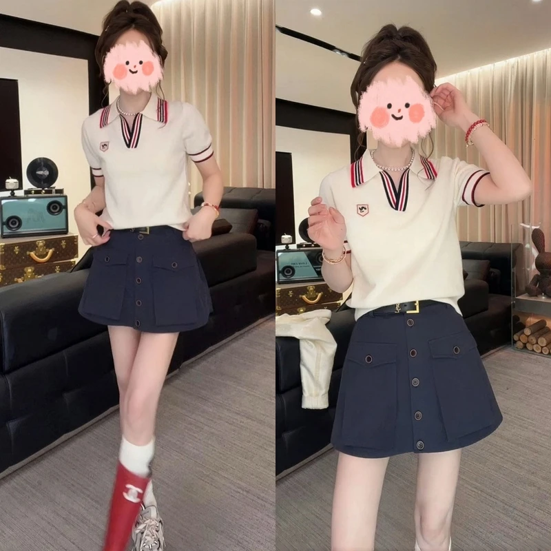夏季新款时尚撞色POLO领针织短袖今年流行百搭纽扣设计半身裙套装