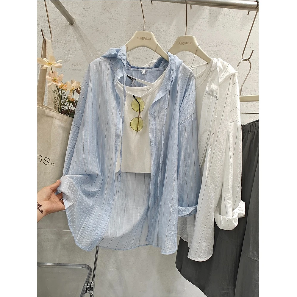 韩系慵懒宽松条纹连帽衬衫防晒衣女2025夏休闲长袖轻薄外套潮百搭