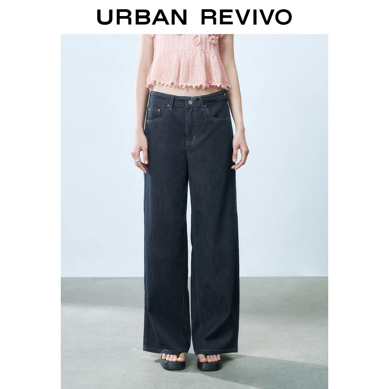 UR2025春季新款女装欧若风复古水洗系带猫须牛仔长裤UYY850054