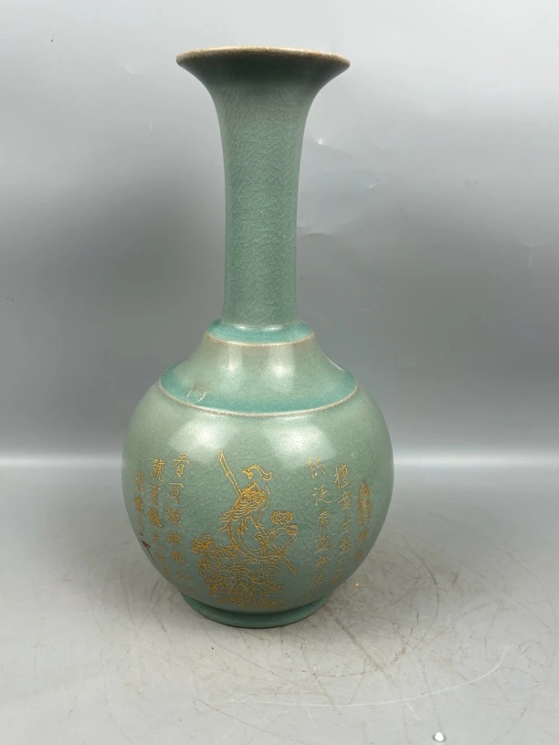 汝窑口手工制作耀州窑青瓷陶瓷摆件工艺品复古刻字描金老物件