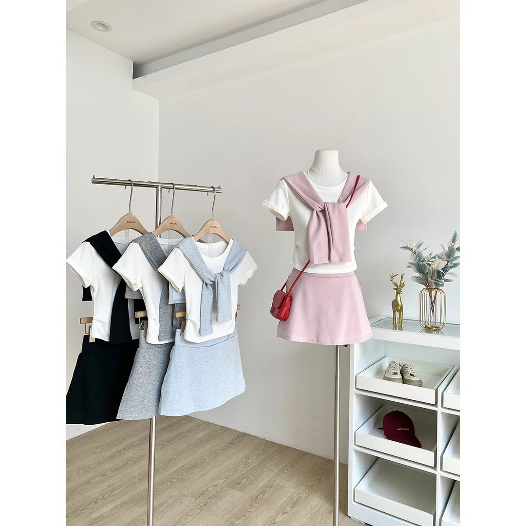 2025年夏季新款韩版学院风百搭短袖上衣女纯欲辣妹短裙套装潮