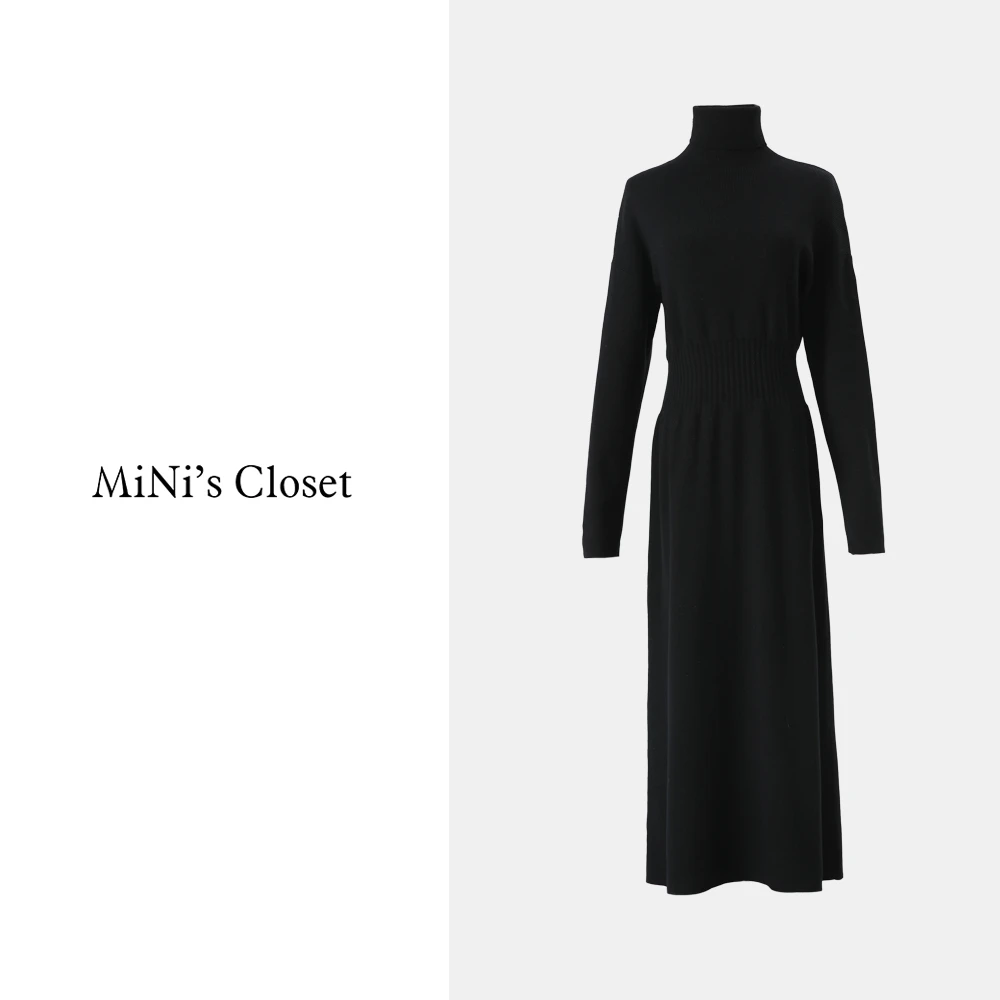 【MiNi推荐】赫本风黑色高领毛衣连衣裙高腰气质显瘦中长裙JC0102