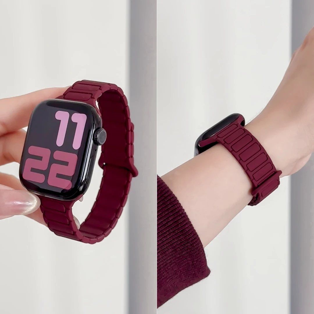 新年酒红硅胶磁吸适用iwatchs11手表带s10苹果手表腕带秋冬s9新款