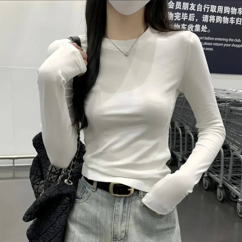 新款ins纯欲甜辣妹风秋冬款简约纯色百搭美式圆领打底衫上衣长袖