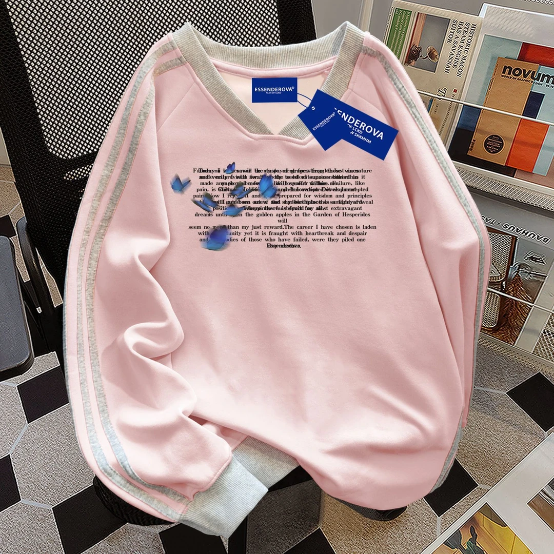 美式简约小众个性设计拼接V领卫衣女秋冬季休闲百搭加绒加厚上衣