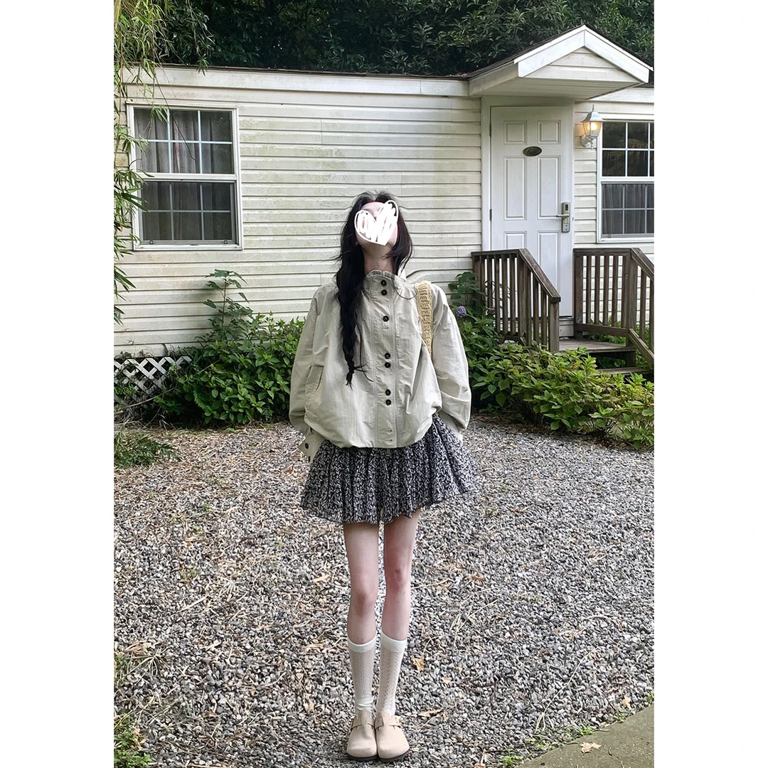 韩系米色复古立领设计高级感外套2025秋季新款碎花半身裙短裙套装