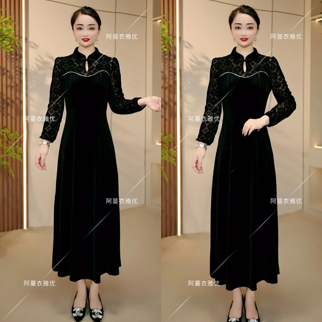 【衣雅严选】8088-2239#新款重磅植绒拼蕾丝图画盘扣旗袍连衣裙
