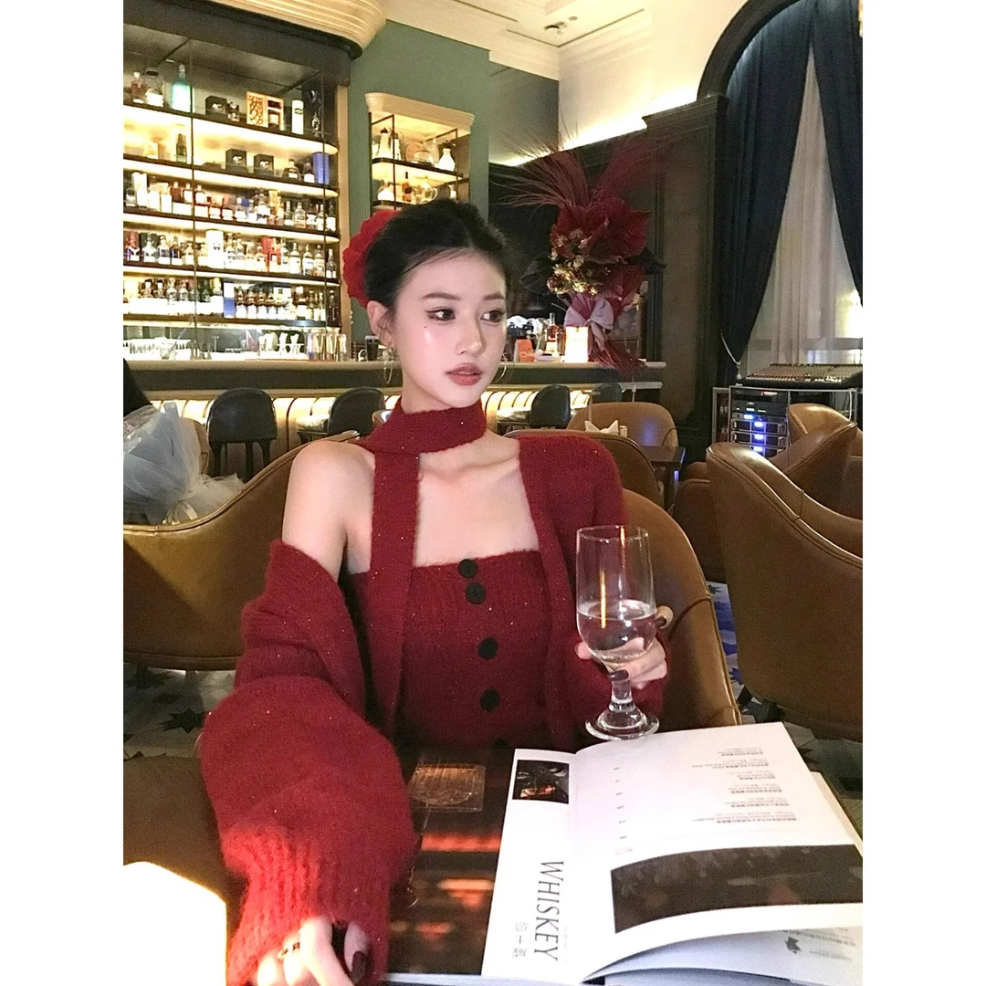 慵懒风毛衣外套女秋冬韩系穿搭红色针织开衫纯欲外穿上衣