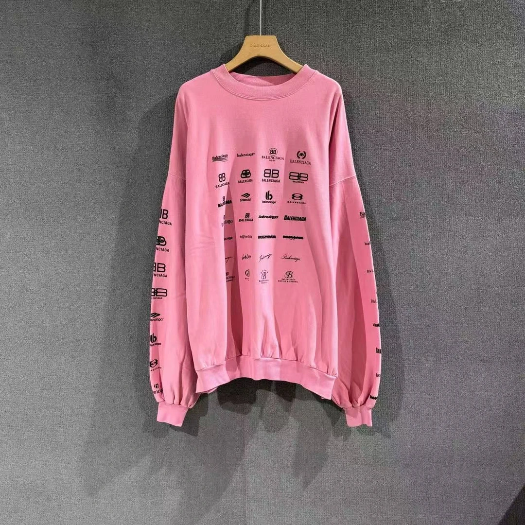 95新 Balenciaga/巴黎世家 （pm）多元素logo粉色卫衣 2码/3738