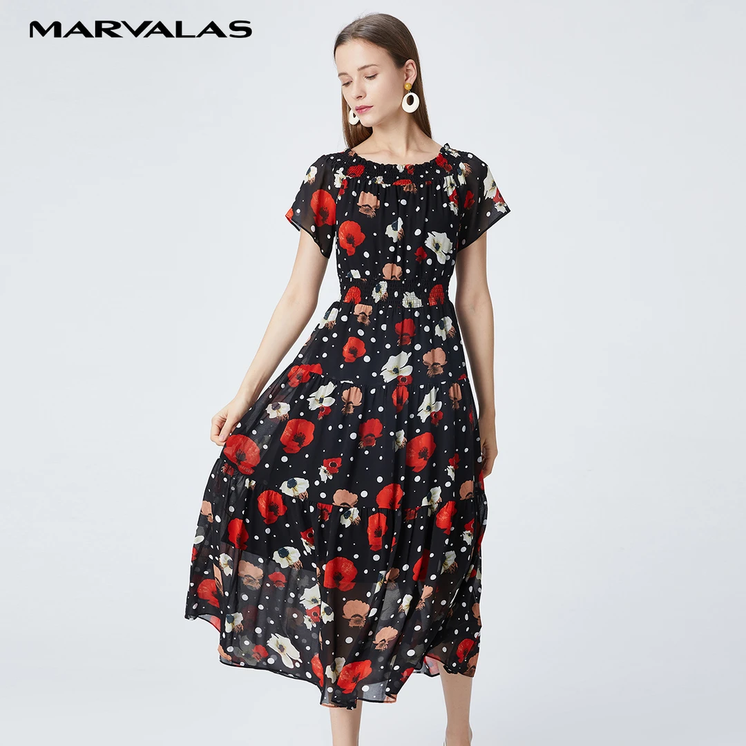 【籽言专属】曼德诗雪纺连衣裙女花色短袖长裙中长款气质温柔裙子