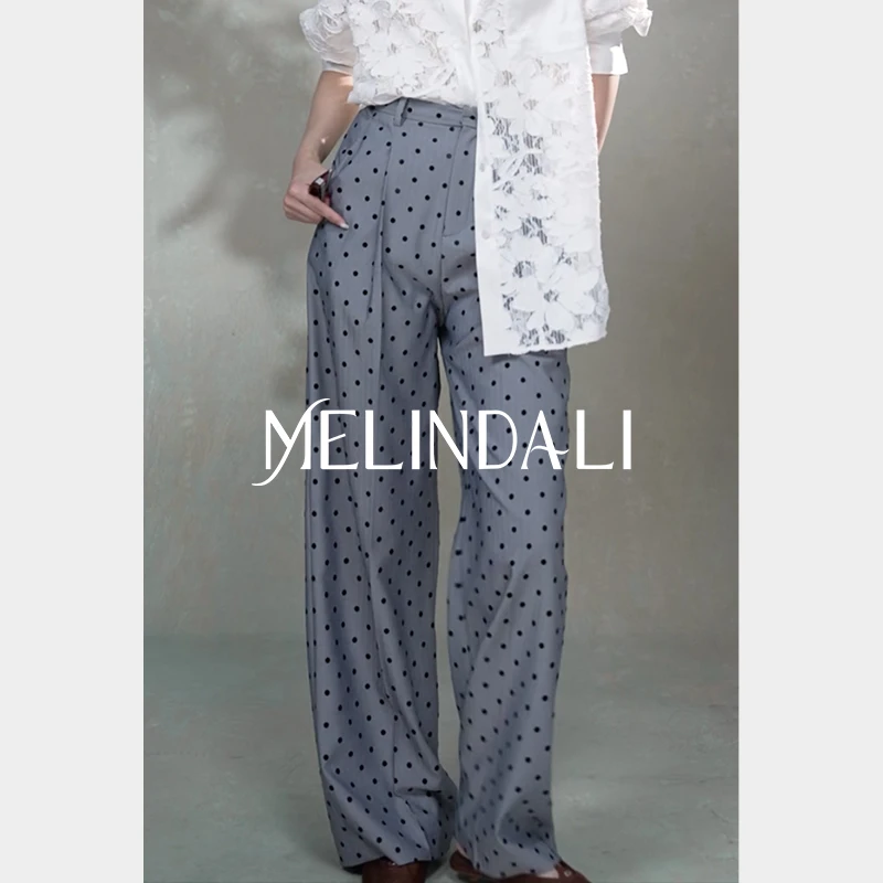 Melinda Li【有趣灵魂】法式通勤人字纹立体植绒波点高腰直筒阔腿裤