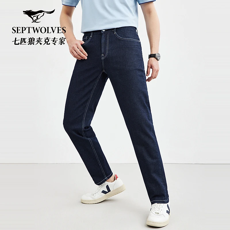 七匹狼后口袋狼头绣花牛仔长裤1D1D10403715