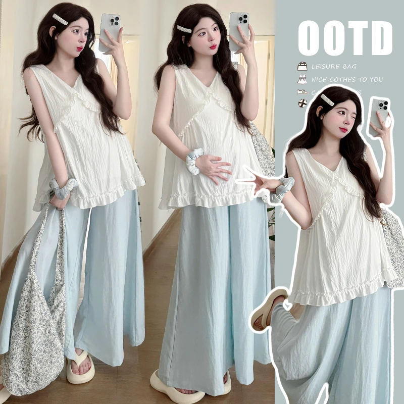 时尚孕妇花边背心娃娃衫衬衫女夏季两件套韩系设计感别致两件套