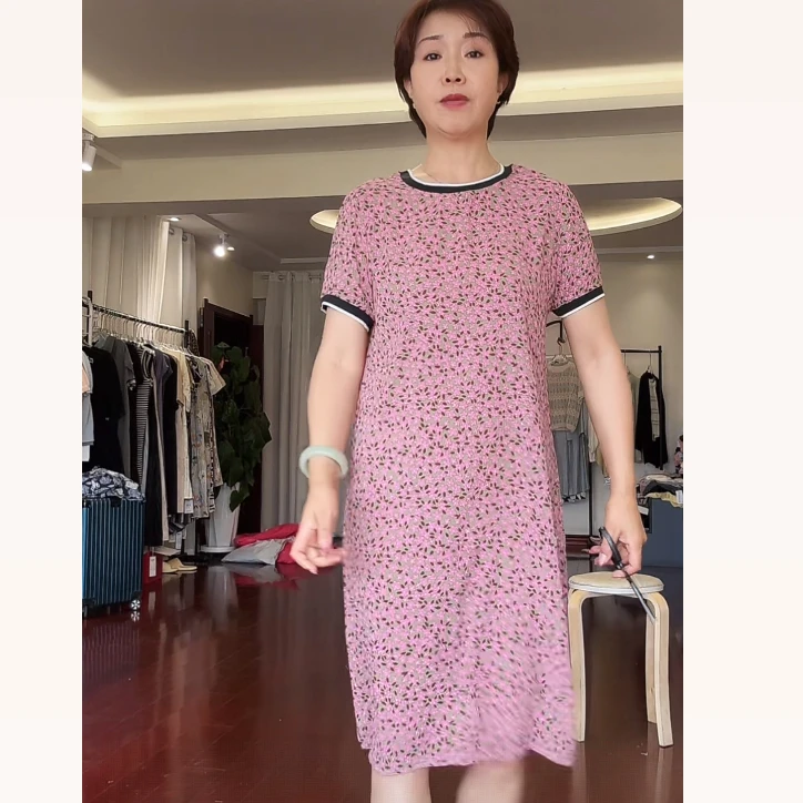 【葛行长定制】芙蓉缎面夏季女士圆领印花连衣裙中长款女裙子XT9967