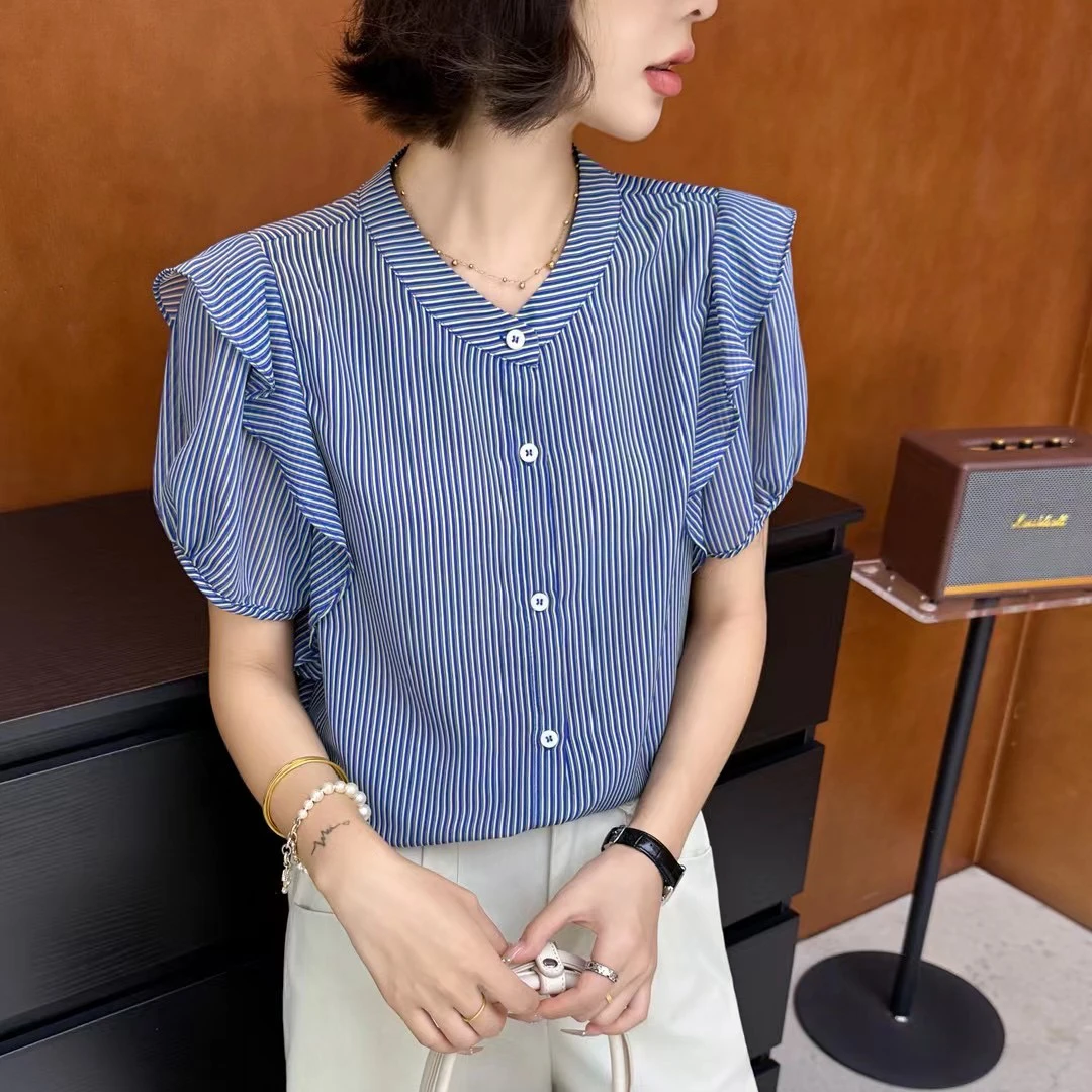 无印心匠A89036-1 夏季条纹直筒型宽松圆领短袖衬衫荷叶 K878