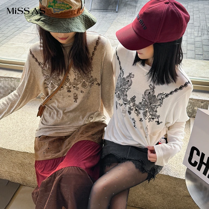 【AUBRUINO】小众高级感古着蕾丝印花长袖T恤上衣女款女25春季新款