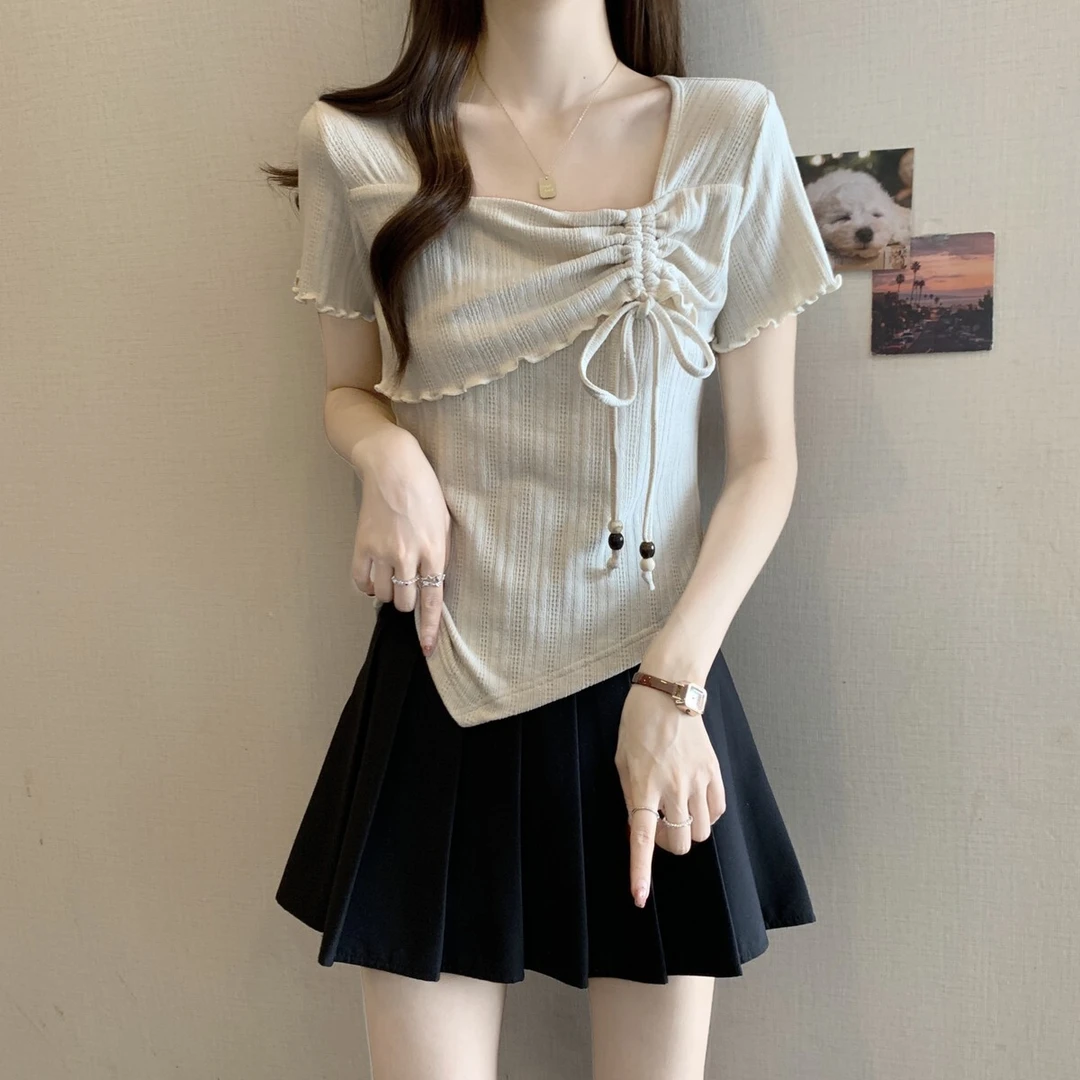 大码女装遮肚子方领抽绳短袖t恤女夏季胖妹妹修身显瘦不规则上衣